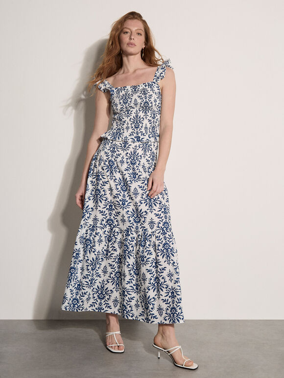 Folk Ikat Shirred Crop Top

, Cream, large