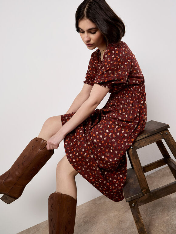 Ditsy Floral Smocked Midi Dress, Burgundy, large