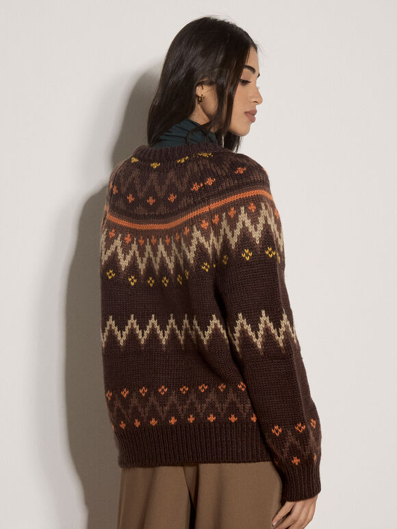 Fair Isle Chunky Knit Cardigan, Brown, large