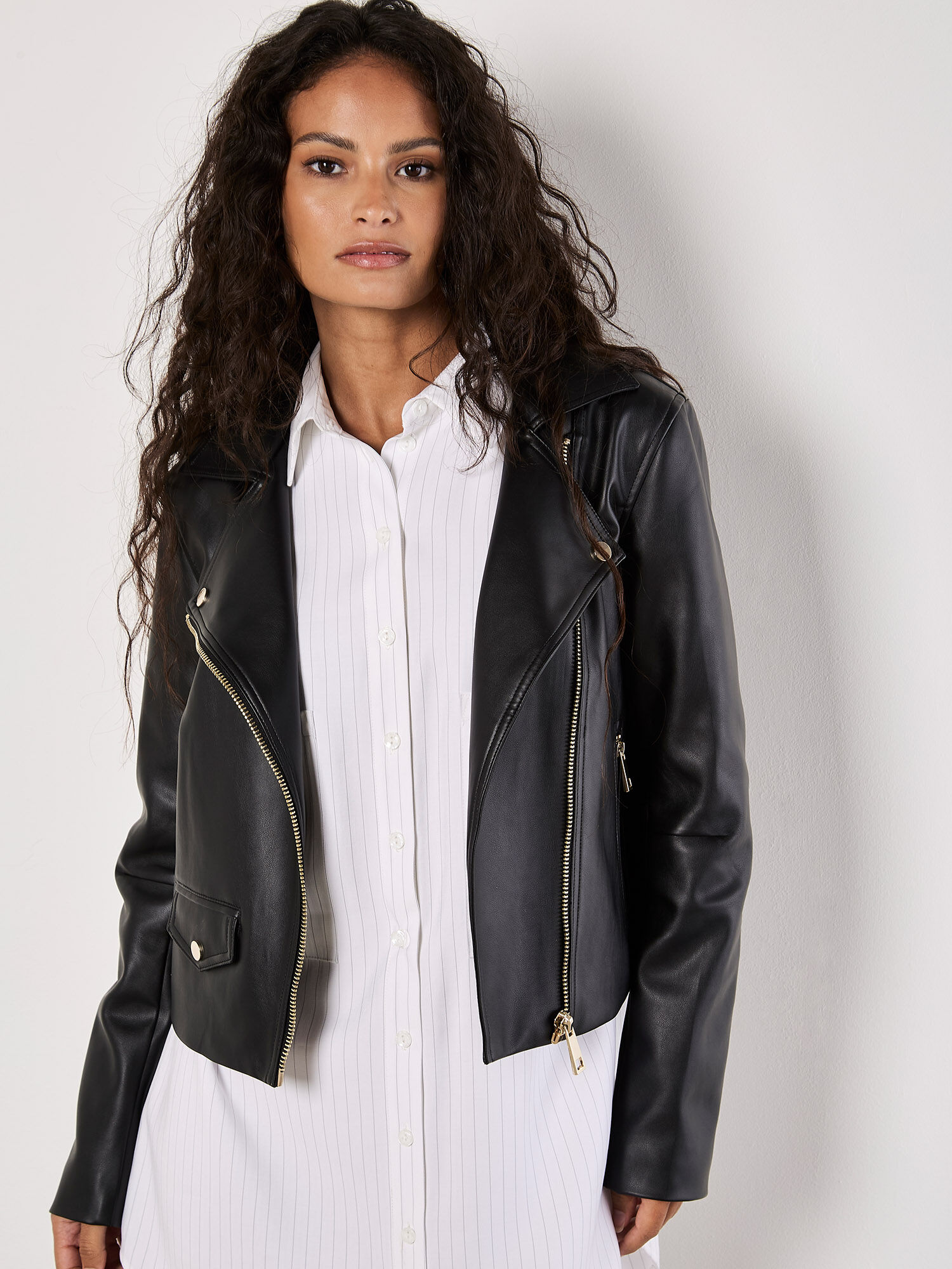 Faux Leather Biker Jacket Apricot Clothing