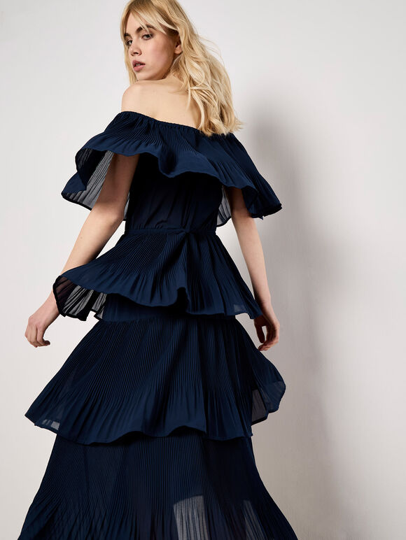 Plisse Tiered Bardot Midi Dress, Navy, large