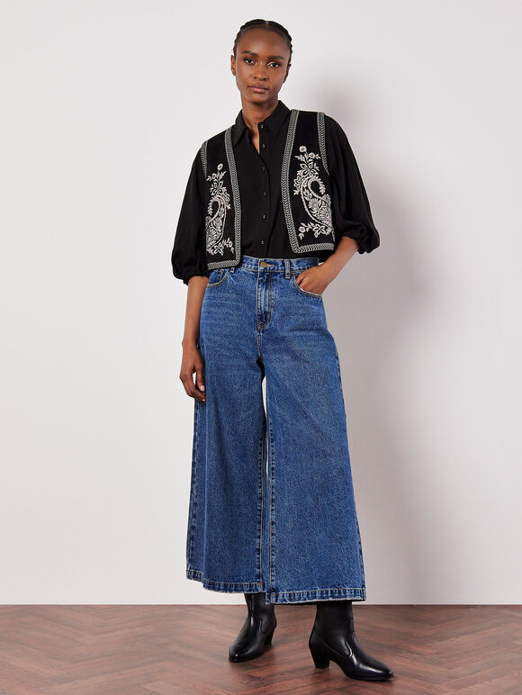 Embroidered Suedette Waistcoat, Black, large
