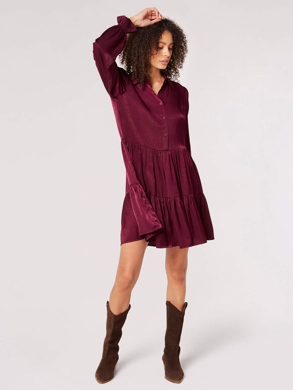 Satin Shirt Mini Dress, Burgundy, large
