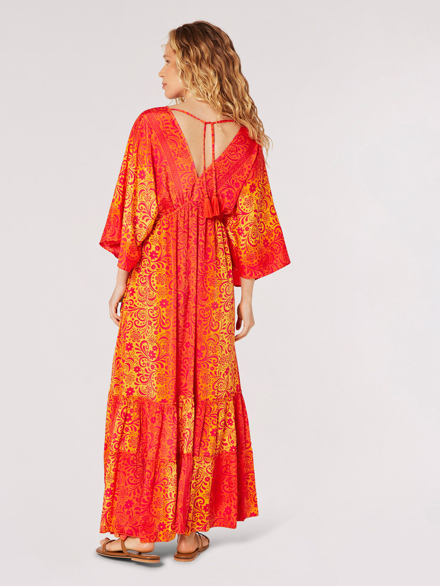 Floral Satin Kimono Kaftan Maxi Dress Apricot Clothing