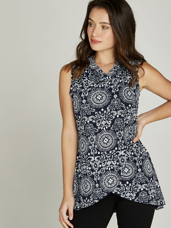 Cowl Neck Lace Print Wrap Tunic Top, Navy, large