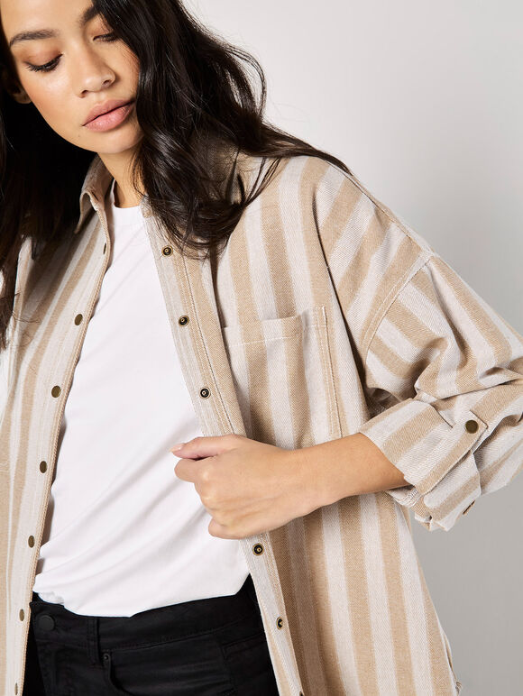 Twill Stripe Oversized Shacket, Stone, large