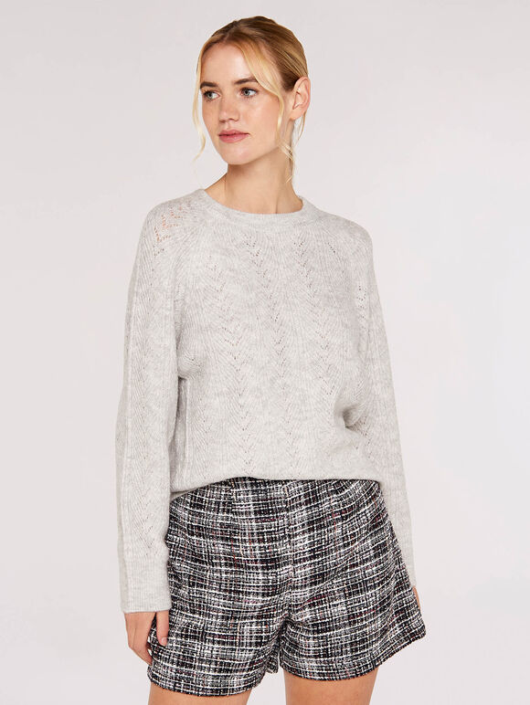 Chevron Pointelle Shimmer Jumper, Light Grey / Silver, large