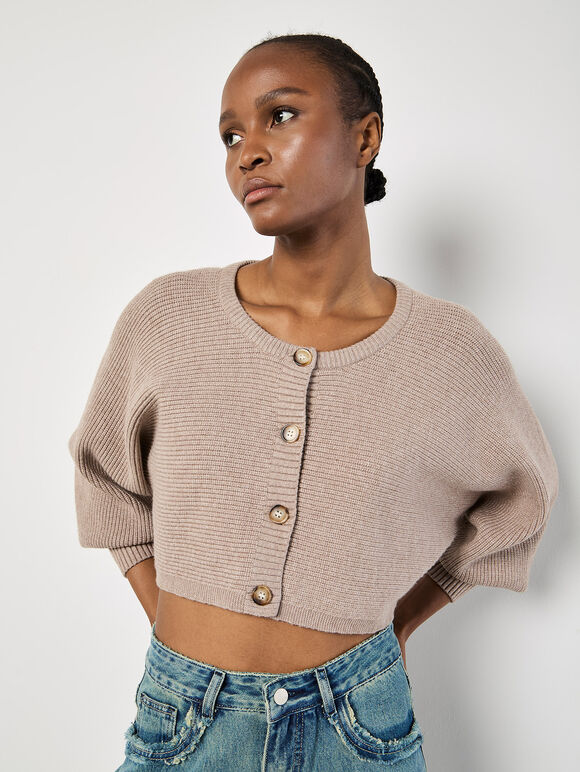 Ribbed Knit Cropped Cardigan, Brown, large
