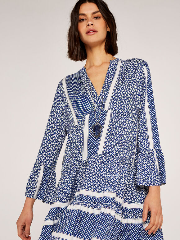 Geometric V-Neck Tiered Dress, Blue, large