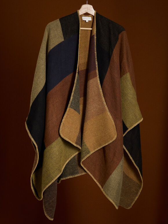 Colour Block Blanket Cape, Brown, large