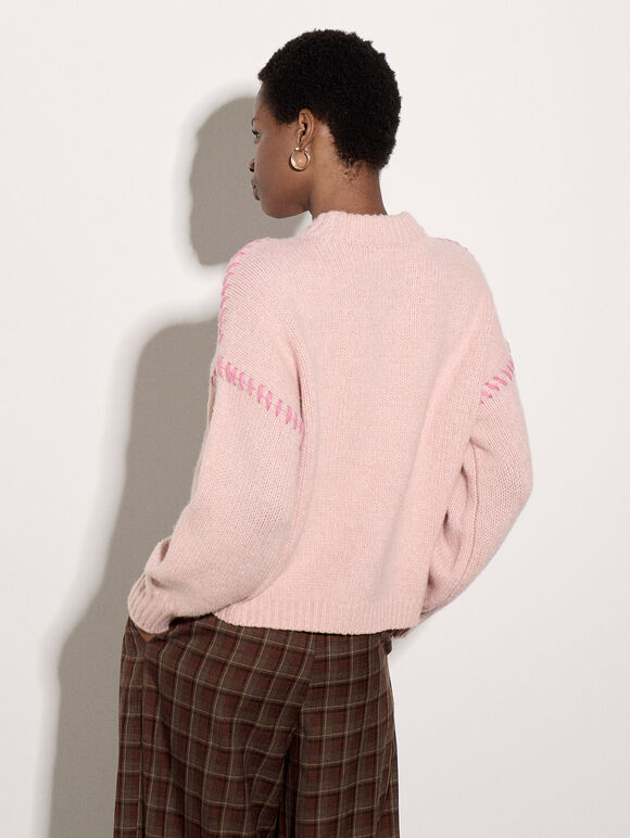 Blanket Stitch Chunky Knit Jumper, Pink, large