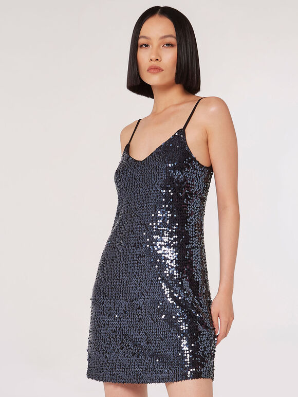 Sequin Cami Mini Dress, Dark Grey - Charcoal, large