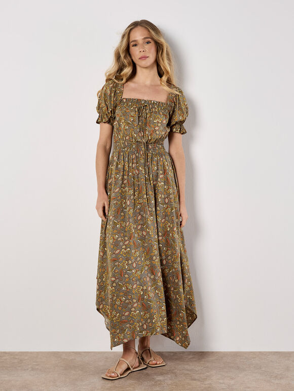 Sarasa Floral Milkmaid Midi Dress, Khaki, large