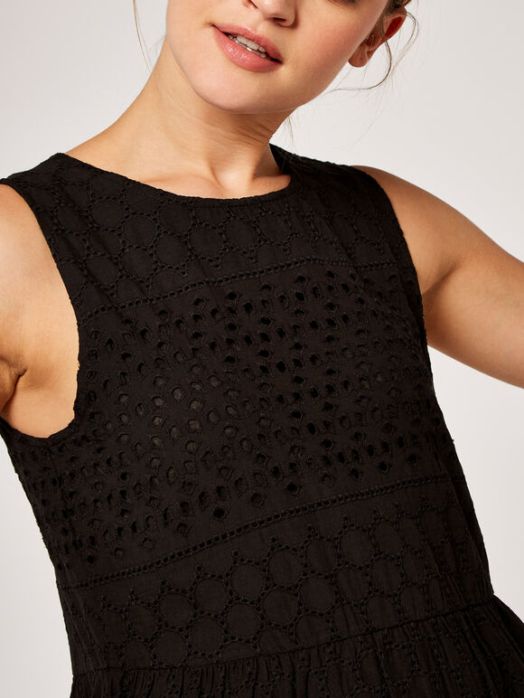 Broderie Anglais Tiered Dress, Black, large