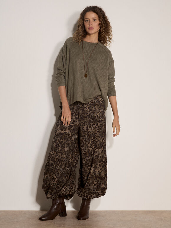 Leopard Print Wide-Leg Woven Trousers, Khaki, large