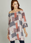Patchwork Ditsy Bardot Top, Coral, large