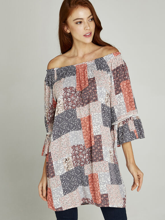 Patchwork Ditsy Bardot Top, Coral, large