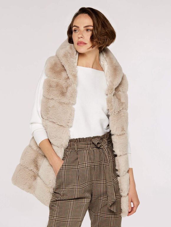 Faux Fur Hooded Longline Gilet, Stone, large