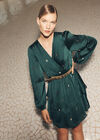 Sequin Spot Satin Wrap Mini Dress, Green, large