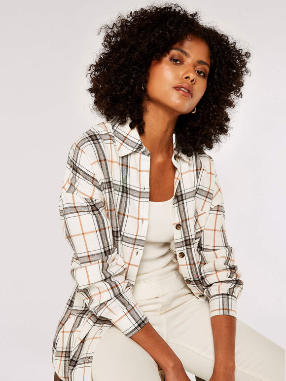 Oversized Cotton Check Shirt, White, large