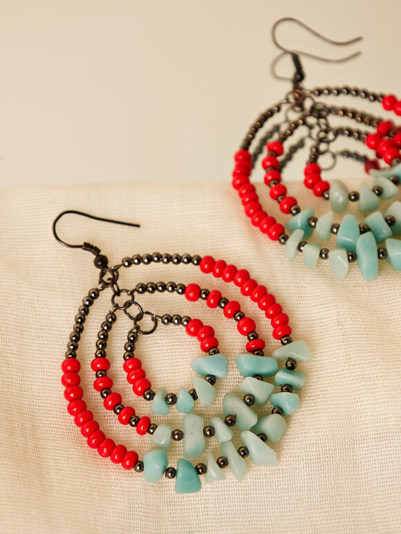 Oval Triple Hoop Earrings, Red, large