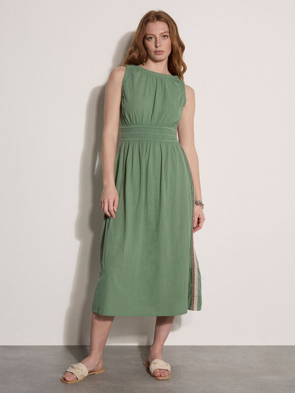 Crochet Trim Smocked Midi Dress, Green, large
