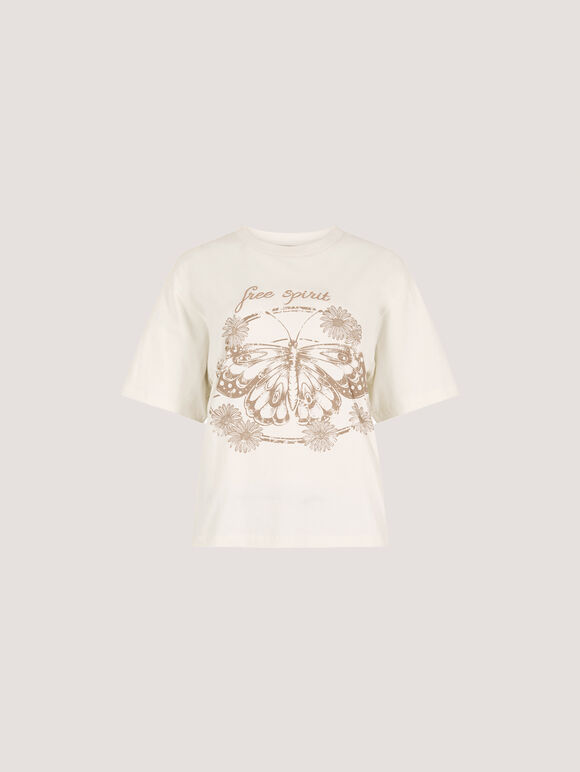 Free Spirit Embroidered Butterfly T-Shirt, Cream, large