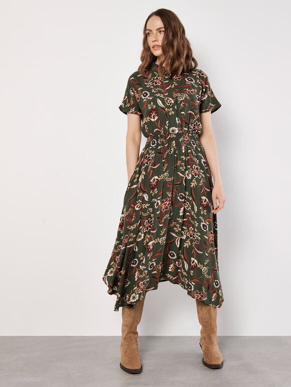 Sarasa Floral Shirt Midi Dress, Khaki, large
