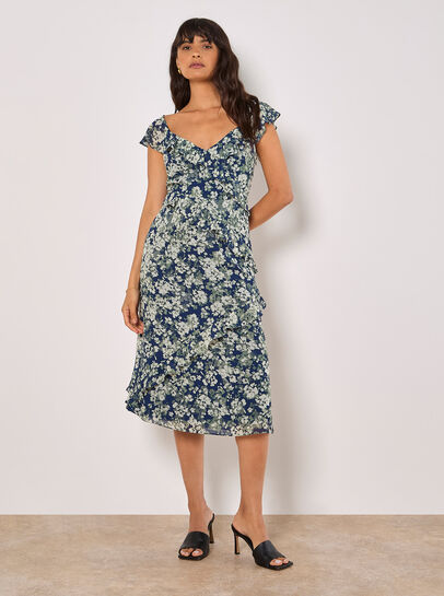Floral Asymmetric Ruffle Midaxi Dress