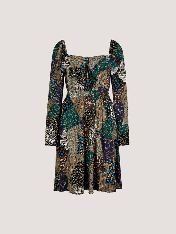 Patchwork Print Boho Mini Dress, Khaki, large