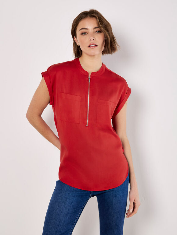 Zip Front Patch Pocket Top, Red, large