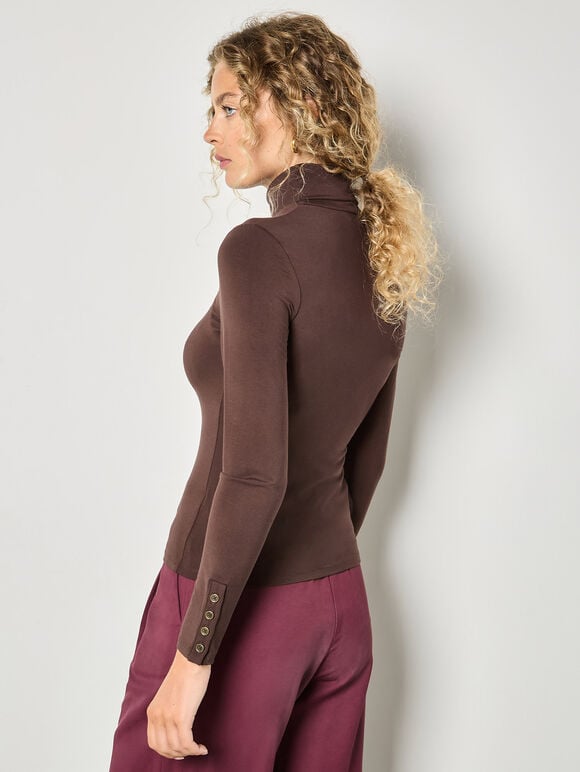 Turtle Neck Button Cuff Top, Brown, large