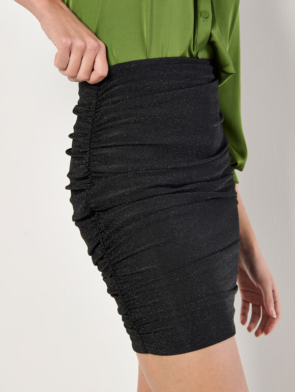 Ruched Metallic Mini Skirt, Black, large