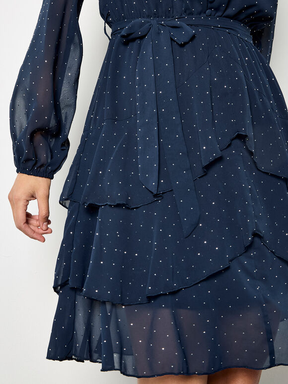 Diamante Embellished Chiffon Tiered Mini Dress, Navy, large