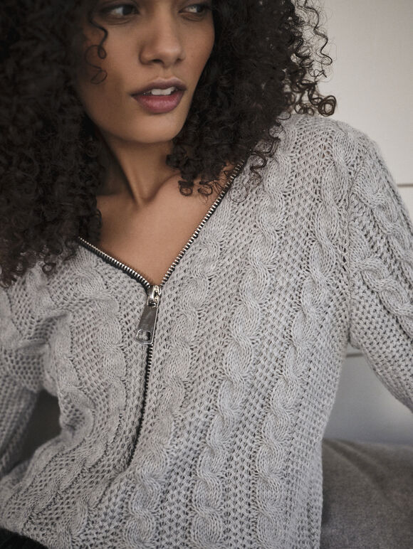 Big Zipper Aran Knit Jumper, Light Grey / Silver, large