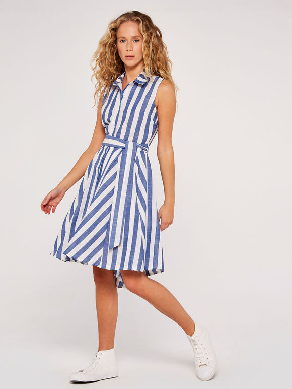 Stripe Tie Shirt Dress, Blue, large