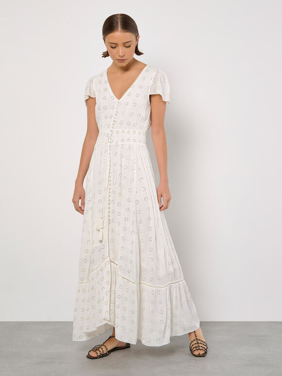 Embroidered Sequin Maxi Dress, White, large