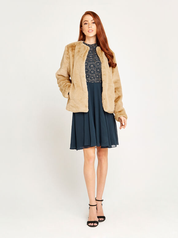 Faux Fur Two Pocket Coat, Stone, large