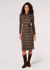 Geometric Leaves Knit Midi Dress, Black, large