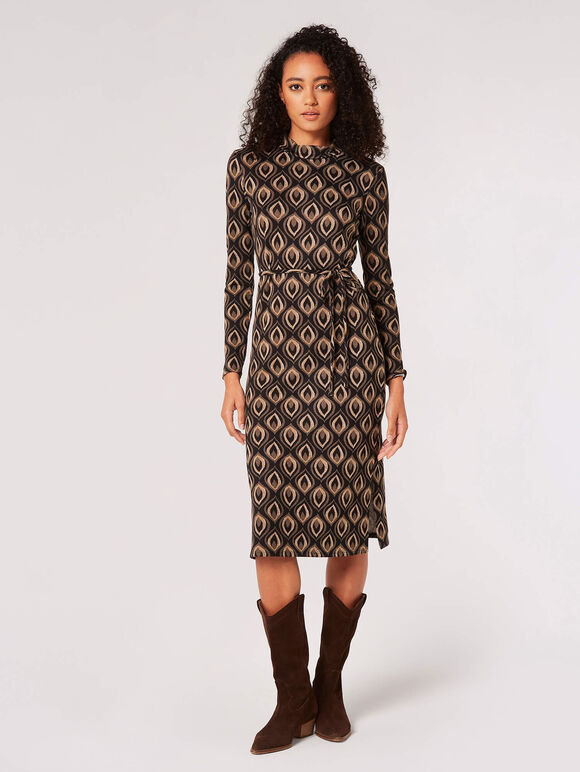Geometric Leaves Knit Midi Dress, Black, large