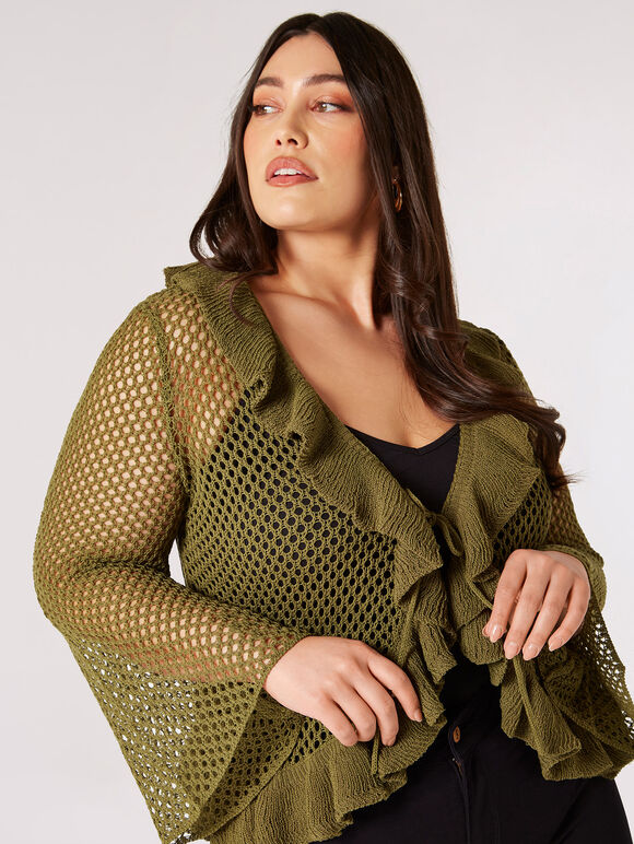 Curve Open Knit Ruffle Cardigan, Khaki, large