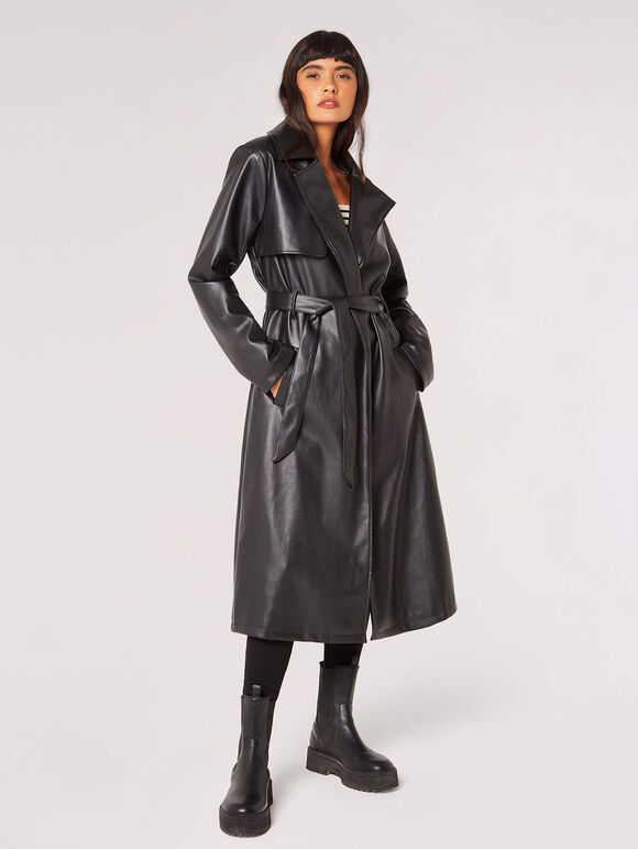 Leather-Look Trench Coat, Black, large