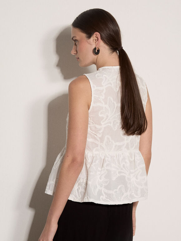 Floral Embroidered Cotton Peplum Top, White, large