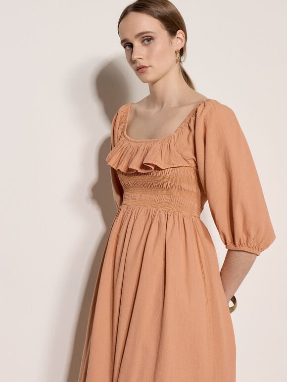 Ruffle Cotton Milkmaid Midi Dress, Peach, large