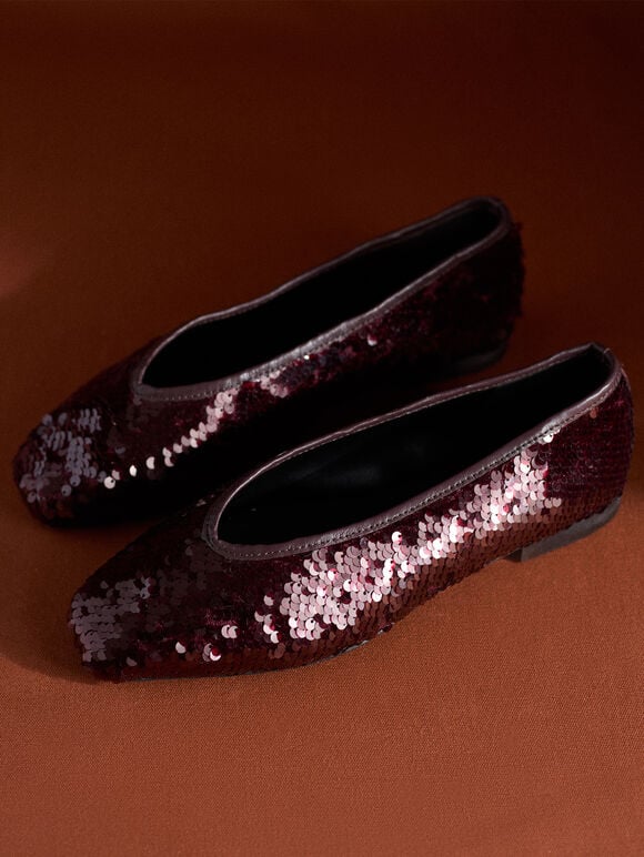 Sequin Embellished Ballerina Shoes, Red, large