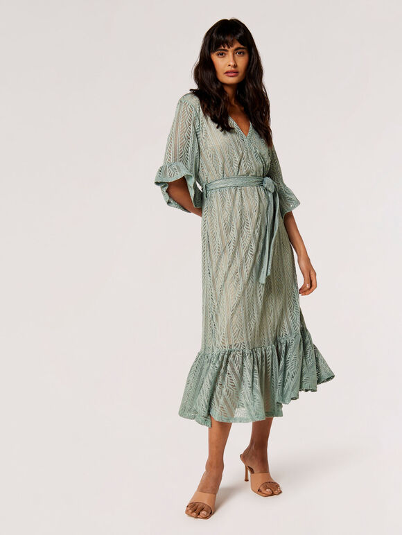 Lace Ruffle Wrap Midi Dress, Mint, large