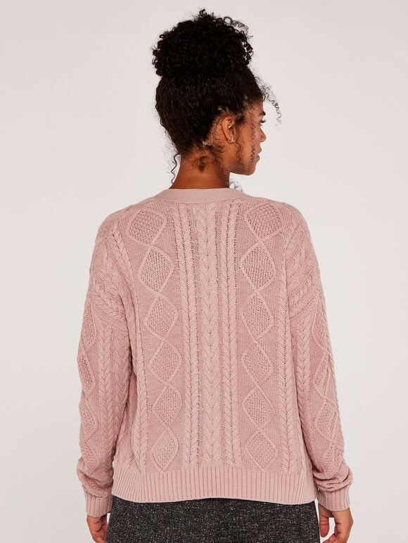 Cable Knit Cardigan, Pink, large