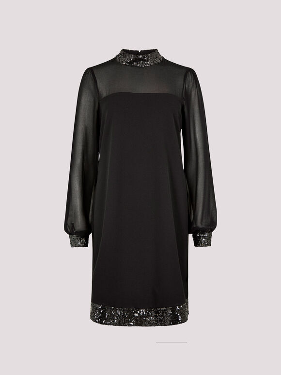 Sequin Trim Shift Mini Dress, Black, large