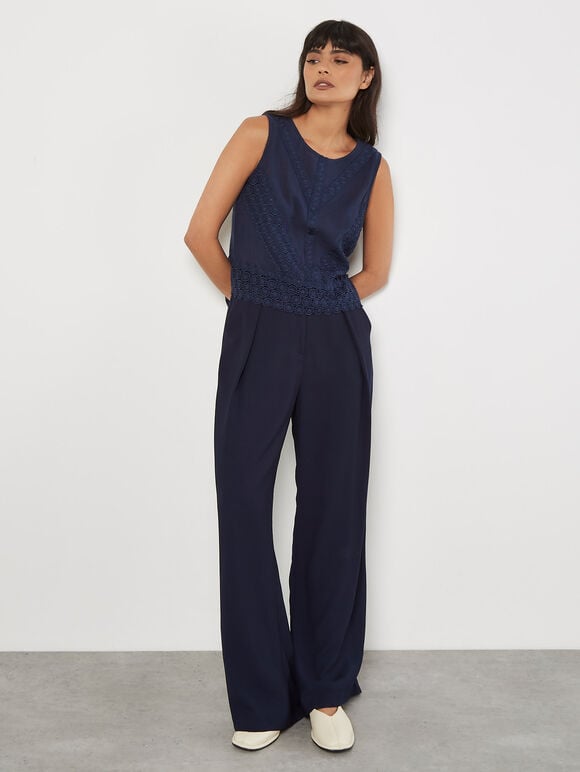 Cotton Lace Bow Top, Navy, large