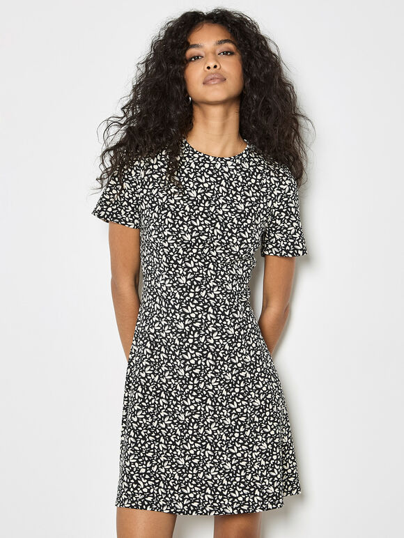 Petal Print Fit And Flare Jersey Mini Dress, Black, large
